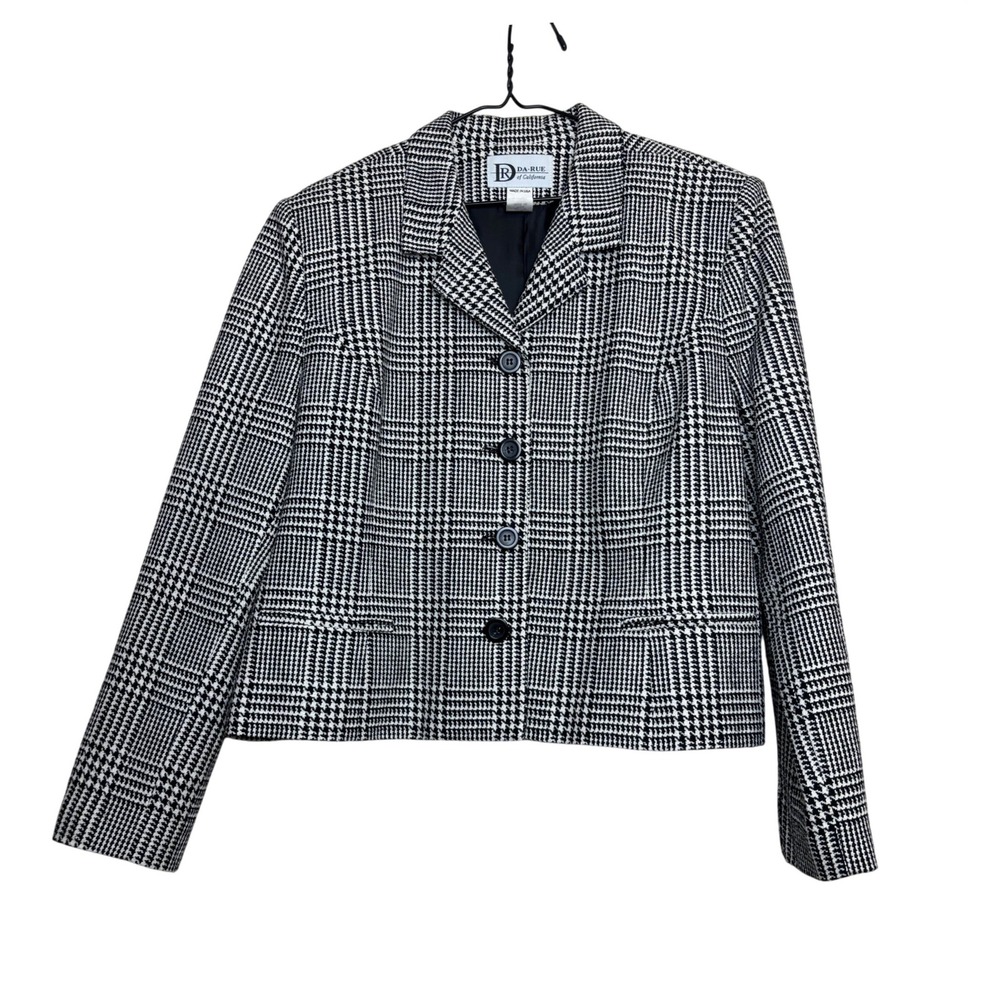 Da-Rue Blazer Womens XL Black White Silk Glen Plaid Vintage USA Old Money Preppy